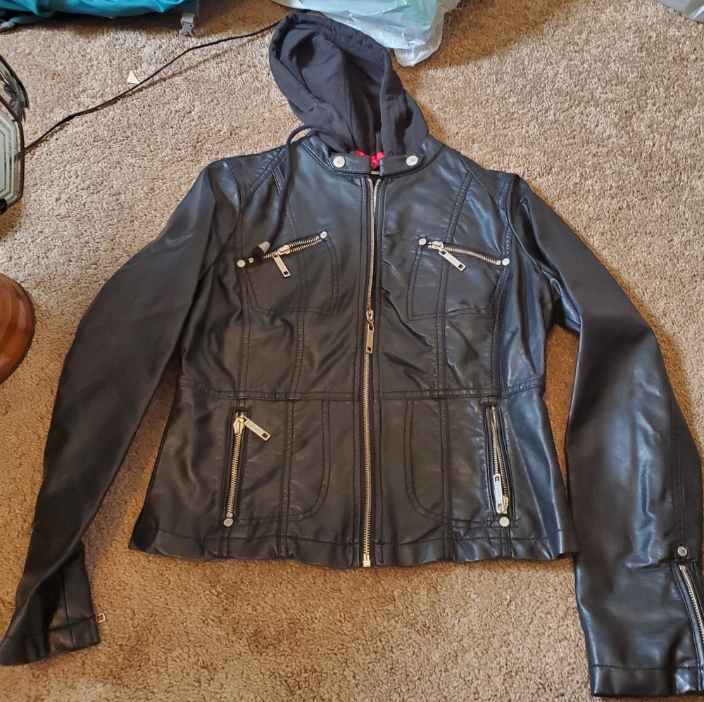 Leather coat with hood